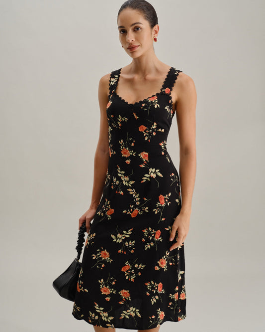 Zwarte Bloemen Maxi Jurk met Ruffles en Spaghetti Straps